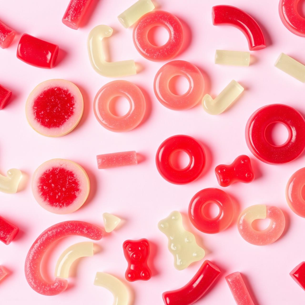 Flat lay of pink and red glossy gummy candy