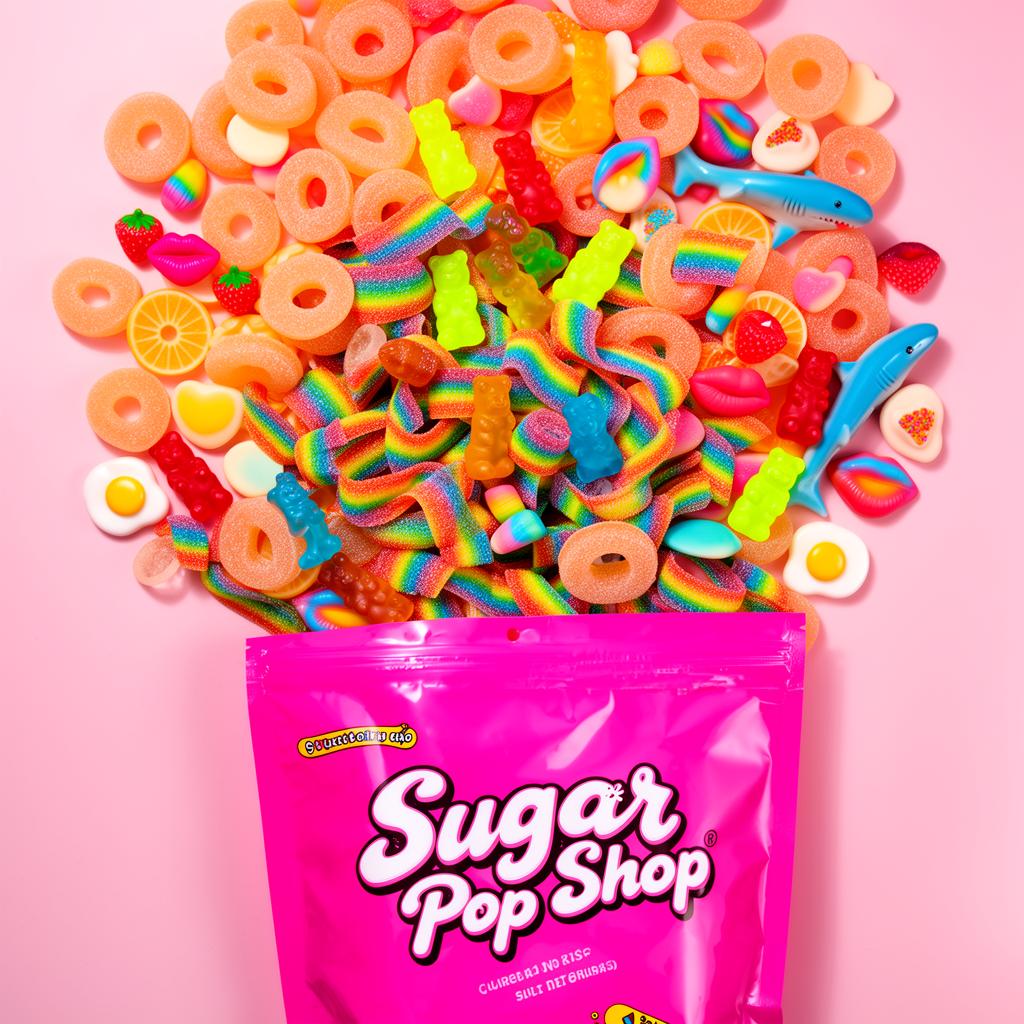 Colorful variety of Sugar Pop Shop gummies spilling out of a pink branded bag